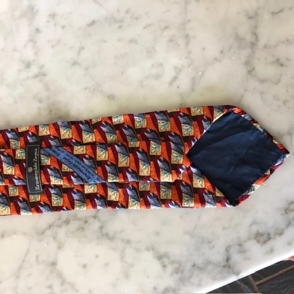 ERMENEGILDO ZEGNA Silk Leaf Geo Block Orange Blue Red Tie - Picture 10 of 15